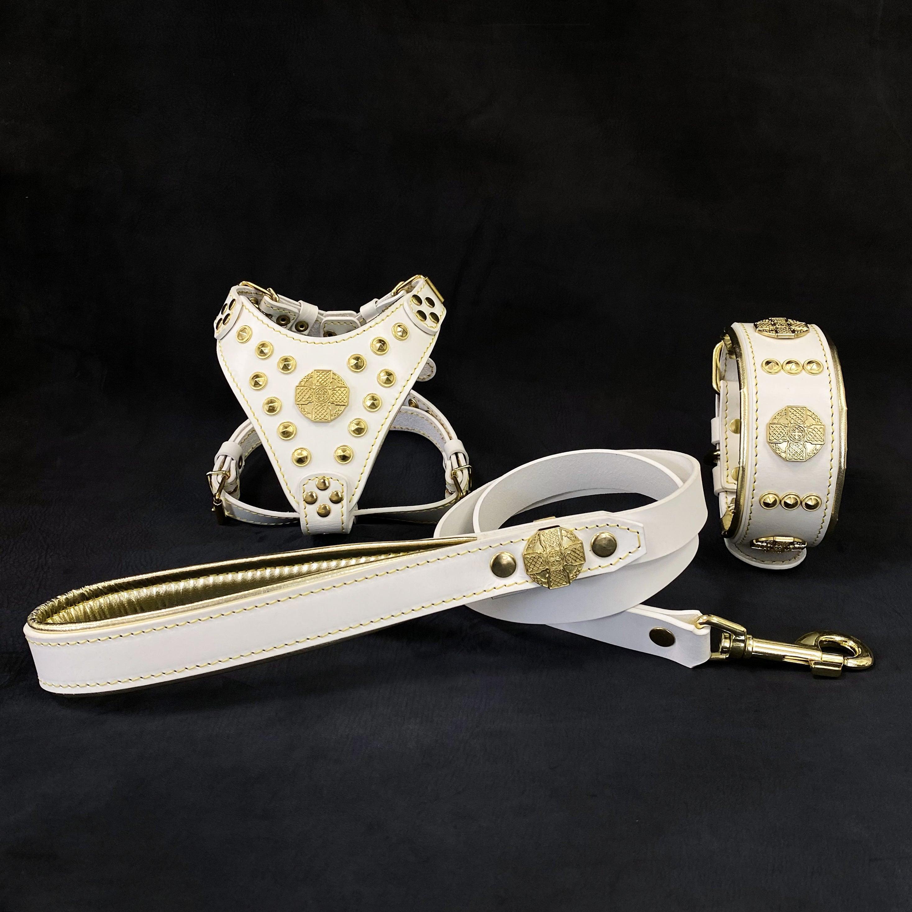 Set BESTIA Maximus White & Gold – postroj, obojek a vodítko